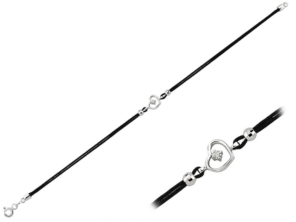 Zartes Herz-Armband mit einem Diamanten aus 14K Weißgold und schwarzer Kordel