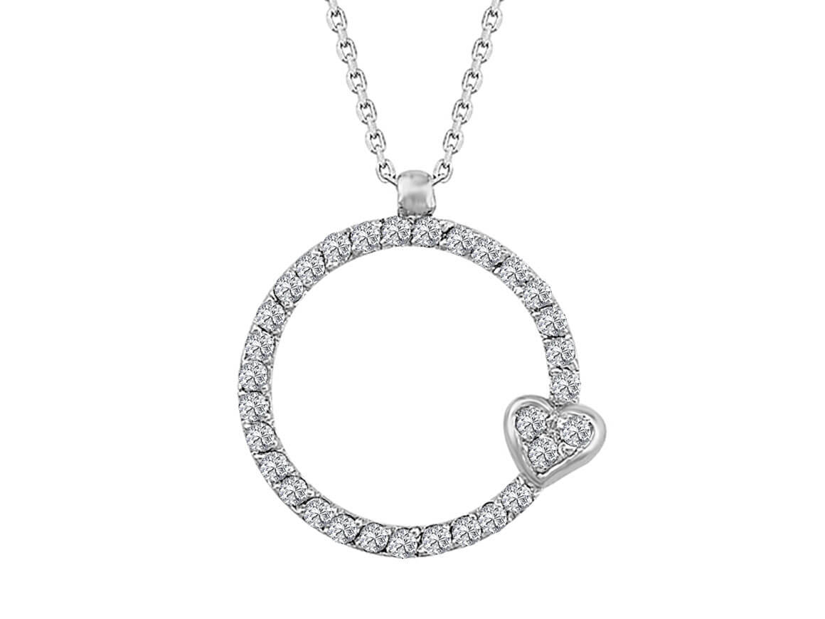 Circle pendant with heart and diamonds (0.26 ct) – 8K white gold
