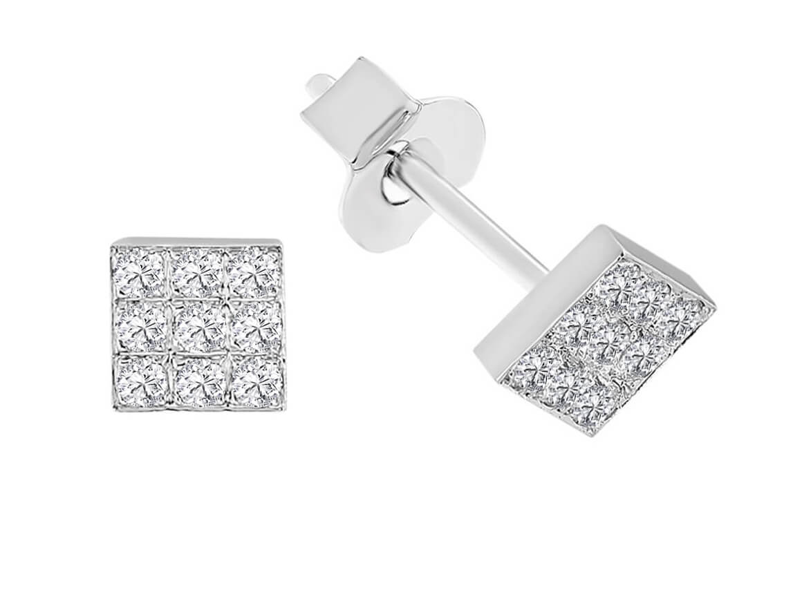 قرط دبوس مربع يضم 18 ماسة مخبرية من الذهب الأبيض عيار 585 - مجوهرات فاخرة من Rosy Lab Diamonds