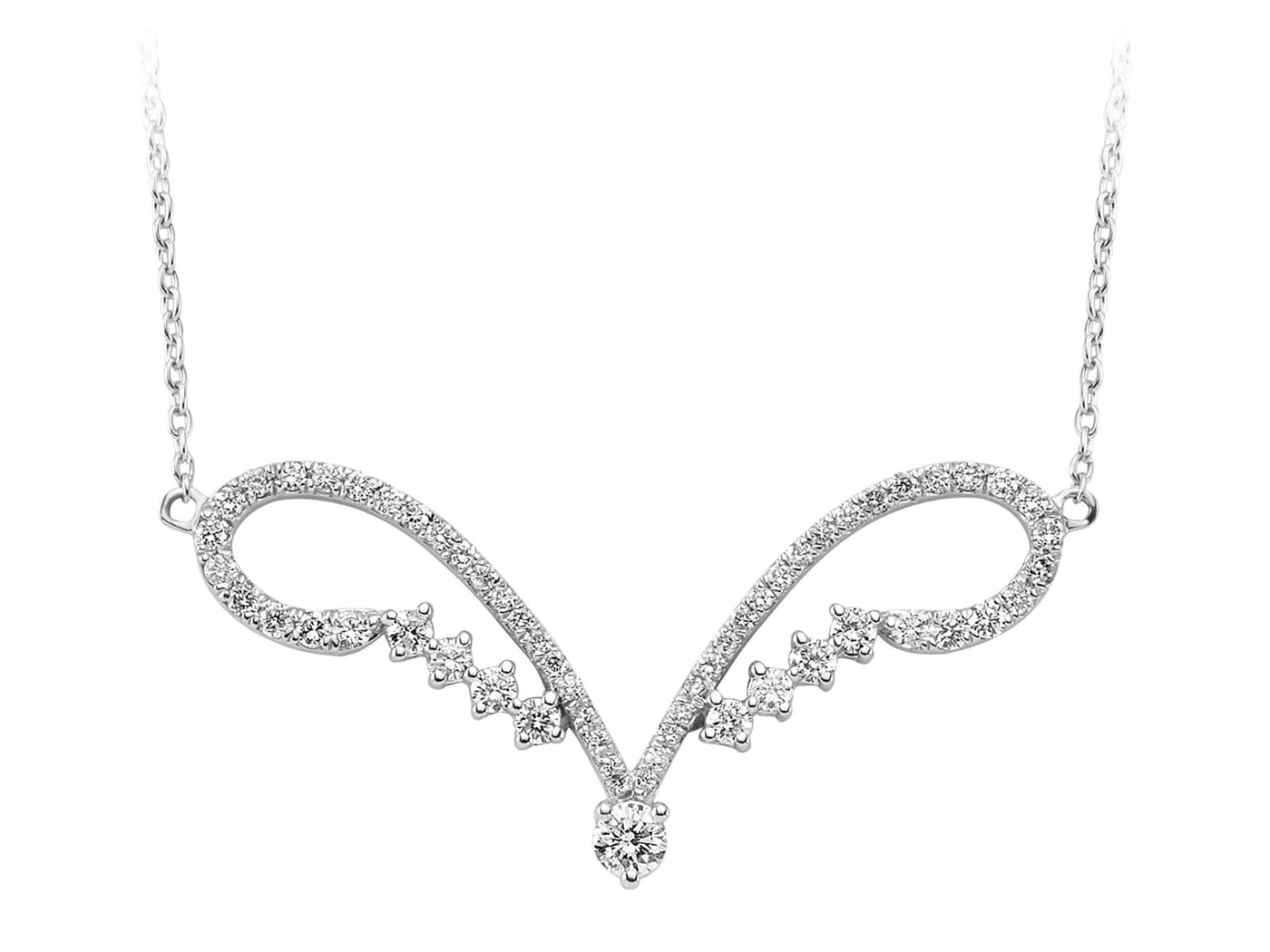 Modern V-shape necklace with diamonds in 14K white gold