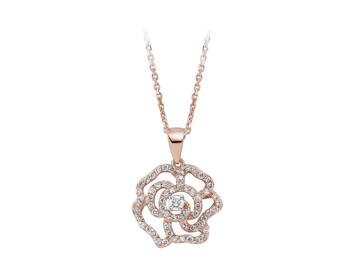 Rose gold rose pendant with 61 diamonds – 14K