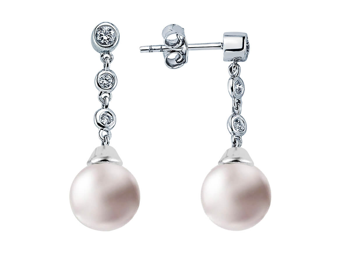 Boucles d'oreilles pendantes Sallantili avec perles rondes et 6 diamants cultivés en laboratoire en or blanc 14K