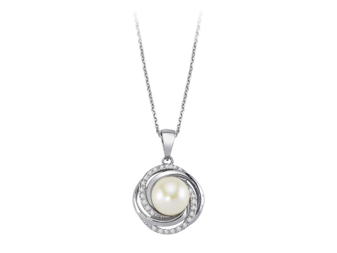 Spiral pendant with cultured pearl & 26 lab diamonds – 14K white gold