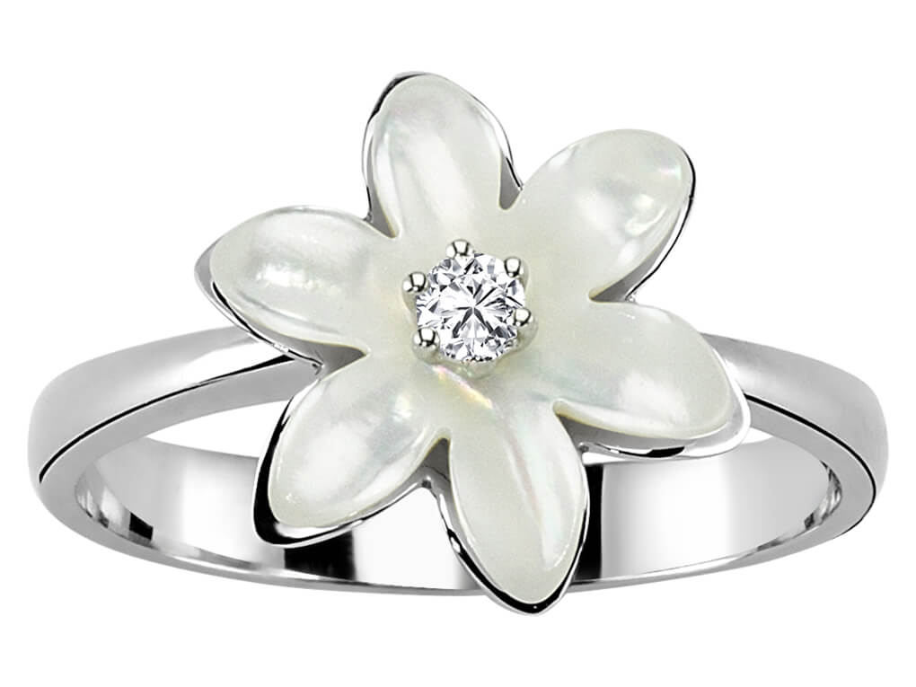 Weißgold-Ring mit laborgezüchtetem Diamant und Perlmutt-Blüte
