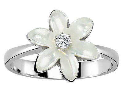 Weißgold-Ring mit laborgezüchtetem Diamant und Perlmutt-Blüte