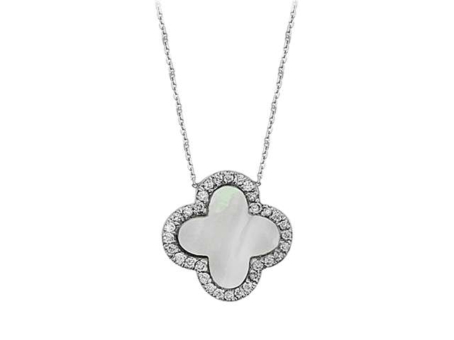 Pendentif trèfle avec diamants et nacre | Or blanc 14 carats