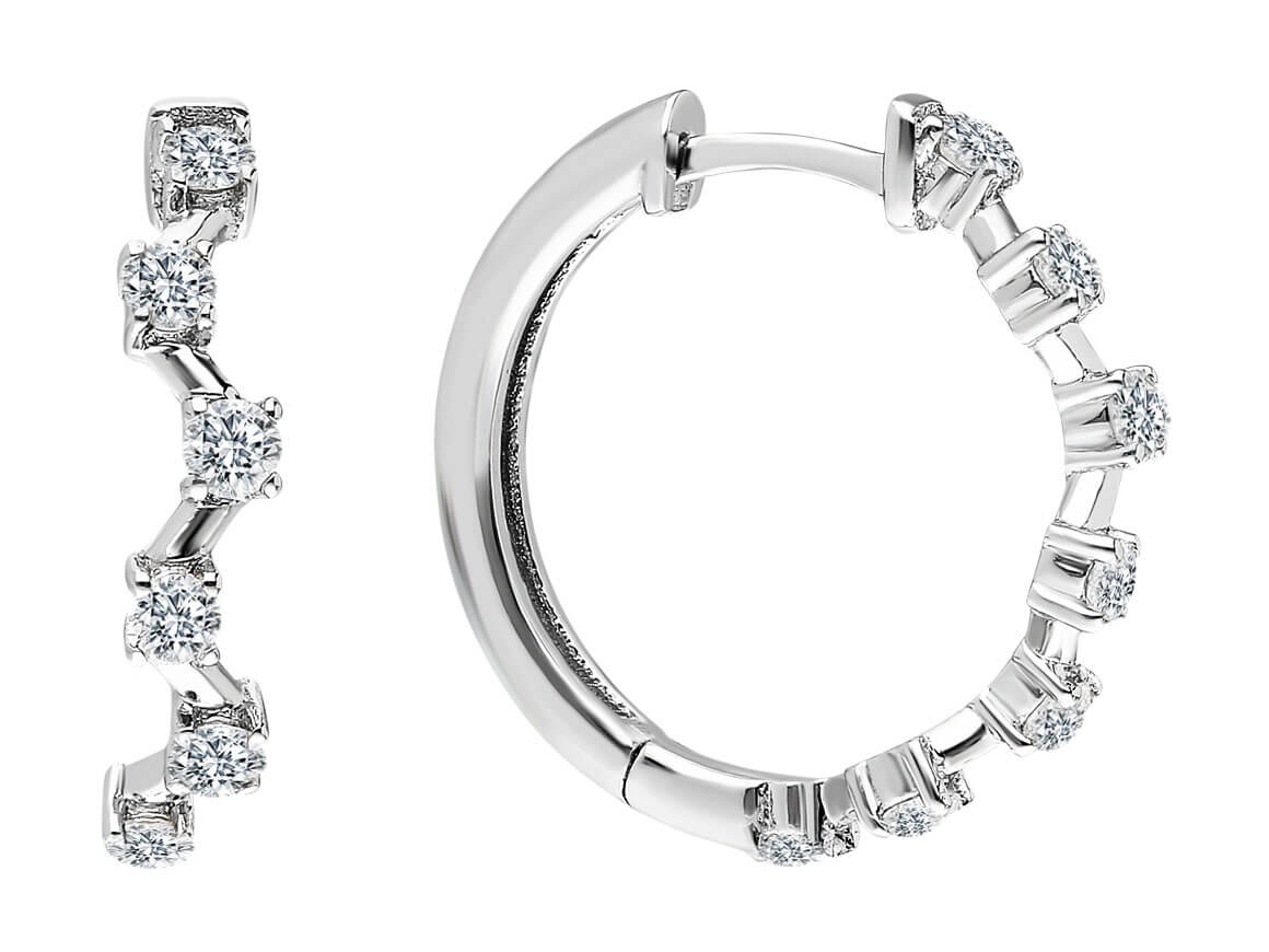 Zikzak tasarımlı, 585 ayar Beyaz Altın ve laboratuvar pırlantalı Huggie küpeler - Rosy Lab Diamonds’tan yüksek kaliteli Mücevher