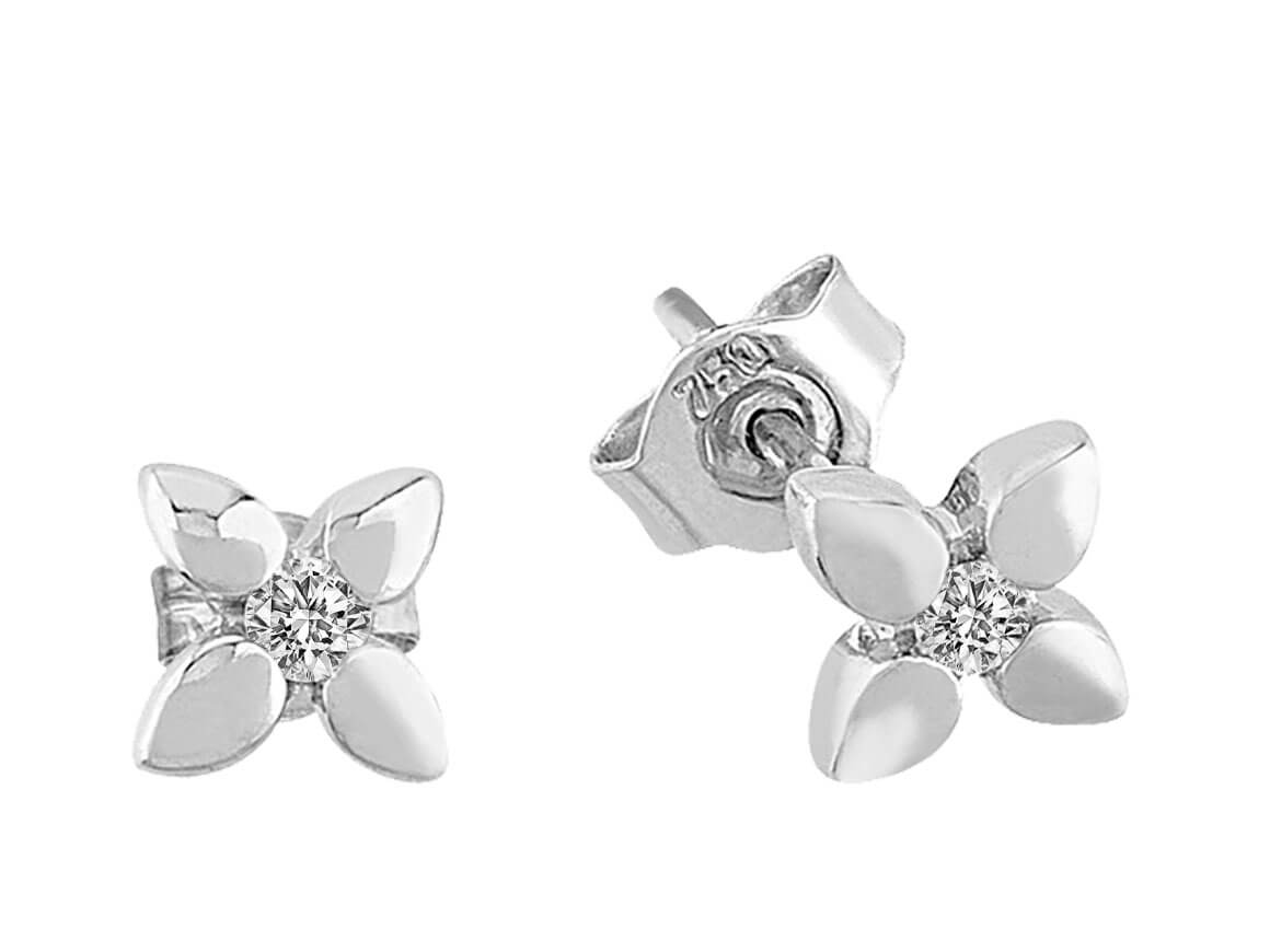 Flower-shaped stud earrings with 0.11 ct diamonds made of 14K white gold