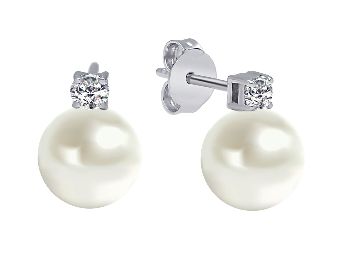 Boucles d'oreilles élégantes avec 2 diamants de laboratoire ronds et perles en or blanc 14K