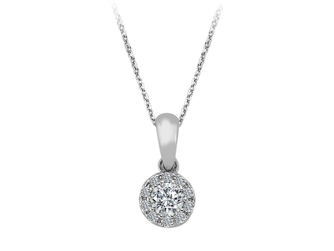 Halo diamond pendant with round setting in 14K white gold