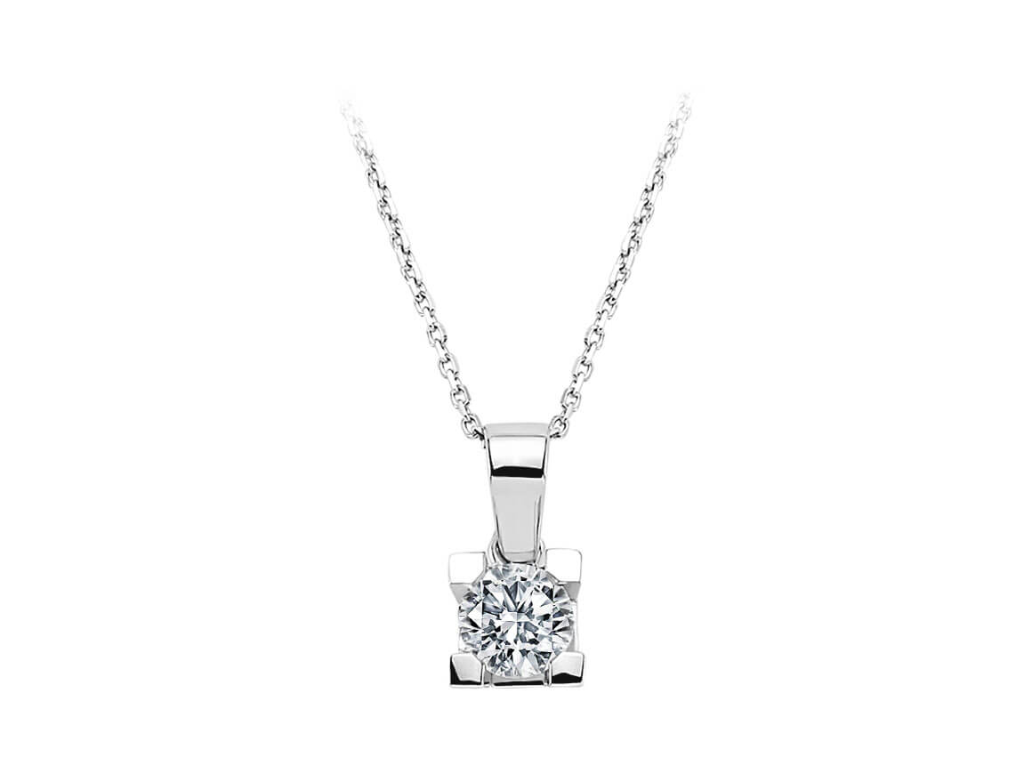 Solitaire necklace with diamond in square setting made of 14K white gold