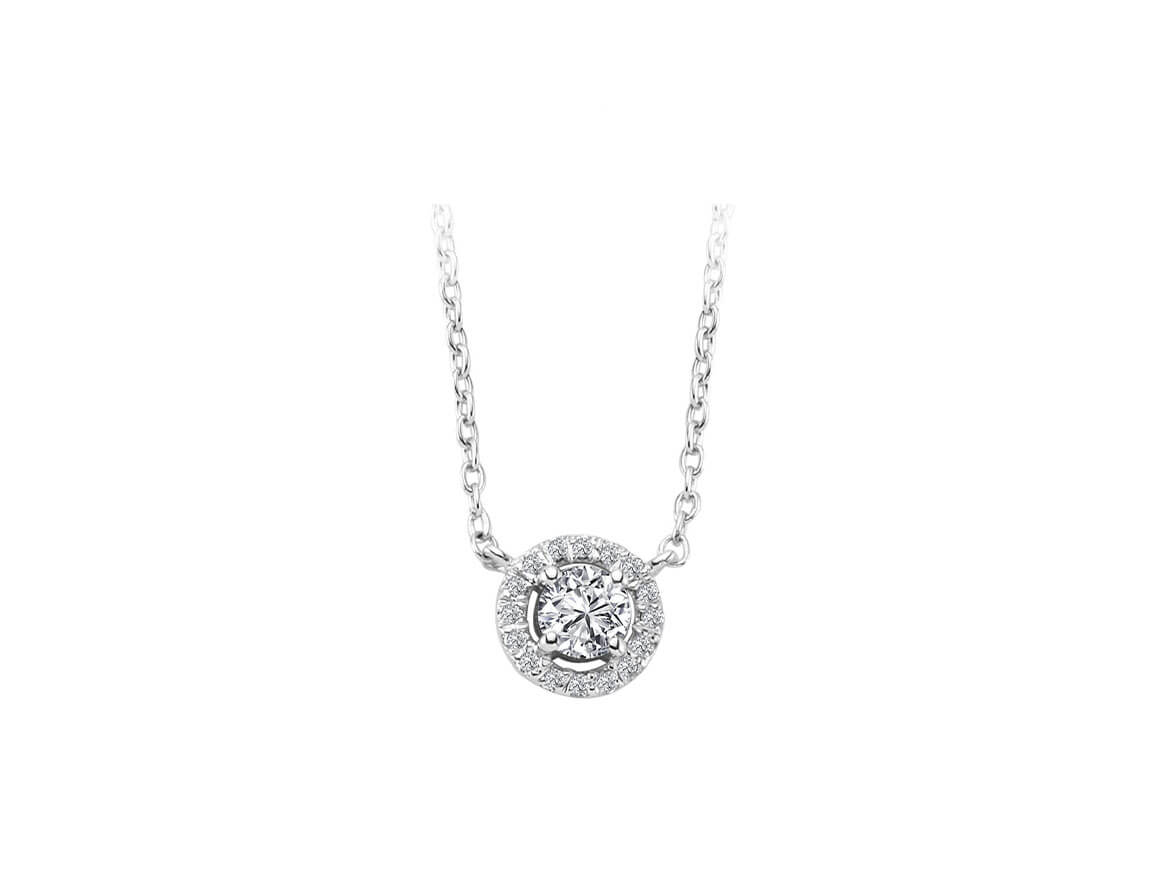 Halo solitaire necklace with diamonds in 14K white gold