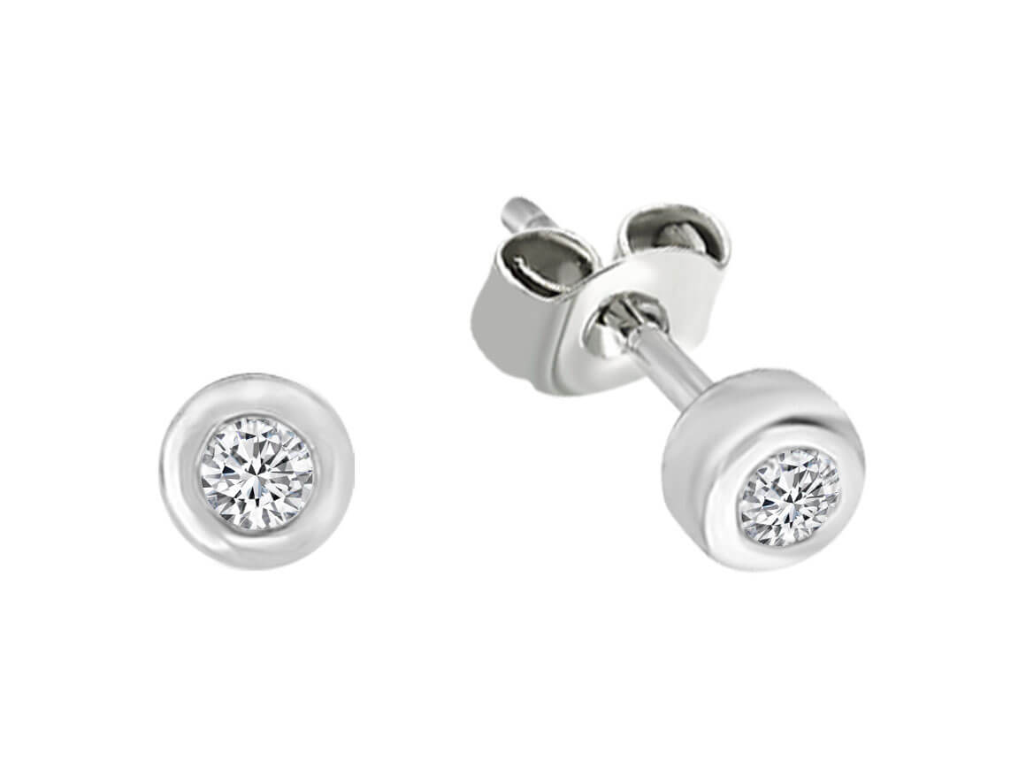 Fine bezel stud earrings with 0.09 ct diamonds made of 14K white gold