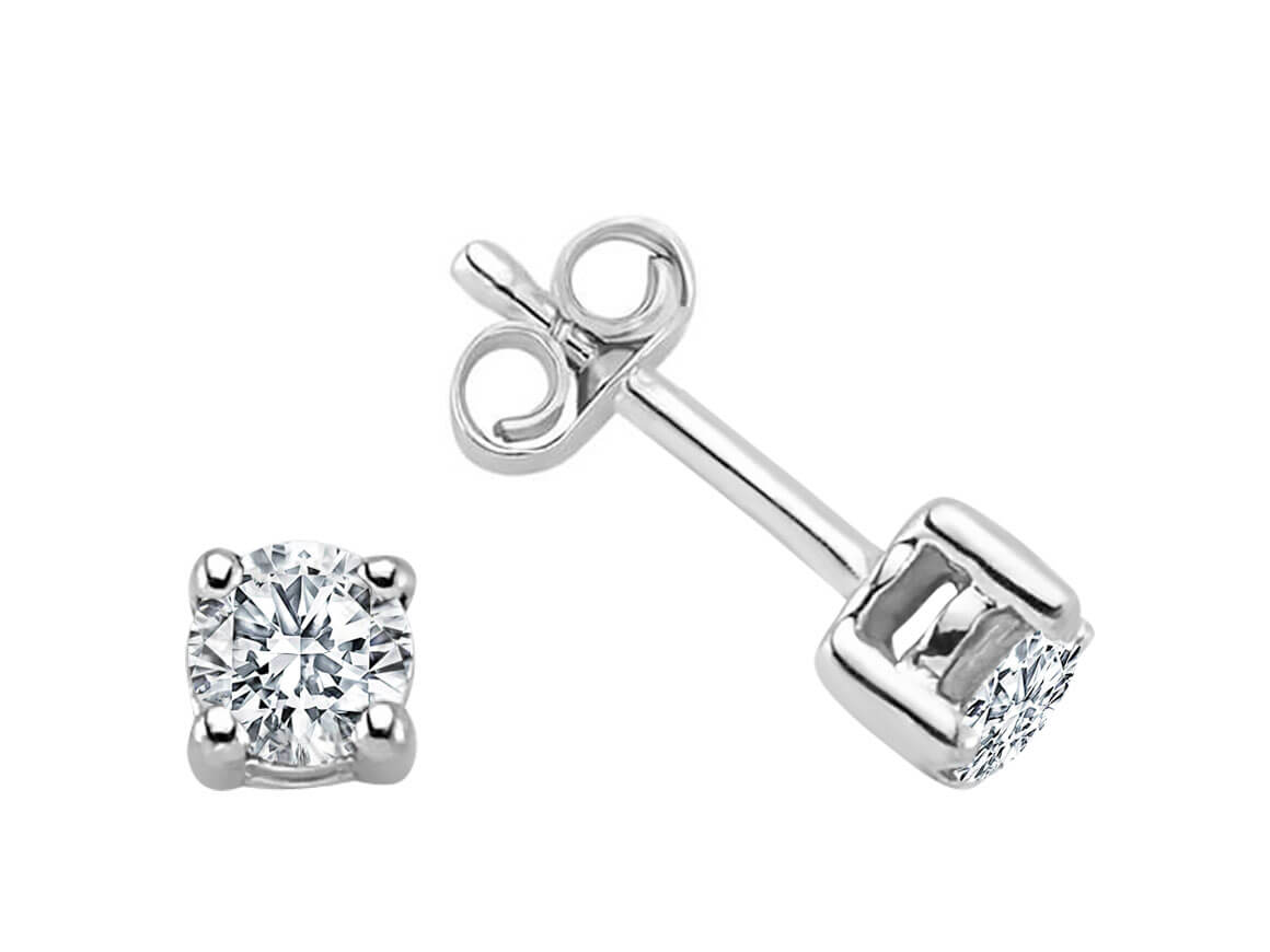 Classic solitaire stud earrings with diamonds in 14K white gold