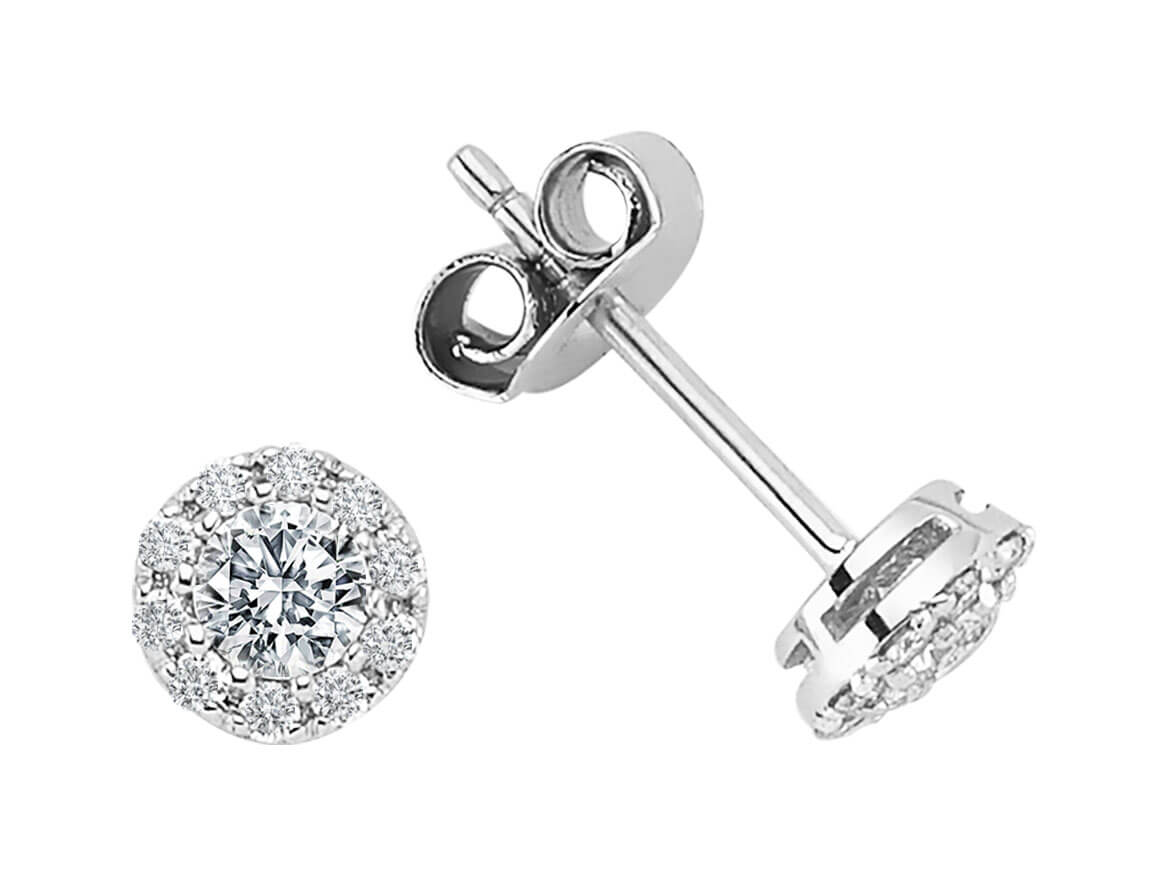 Classic halo stud earrings with lab diamonds in 585 white gold