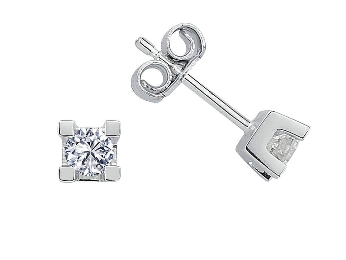 Stylish solitaire stud earrings with diamonds in white gold