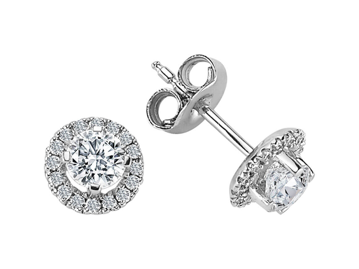 Halo stud earrings with diamonds made of 14K white gold