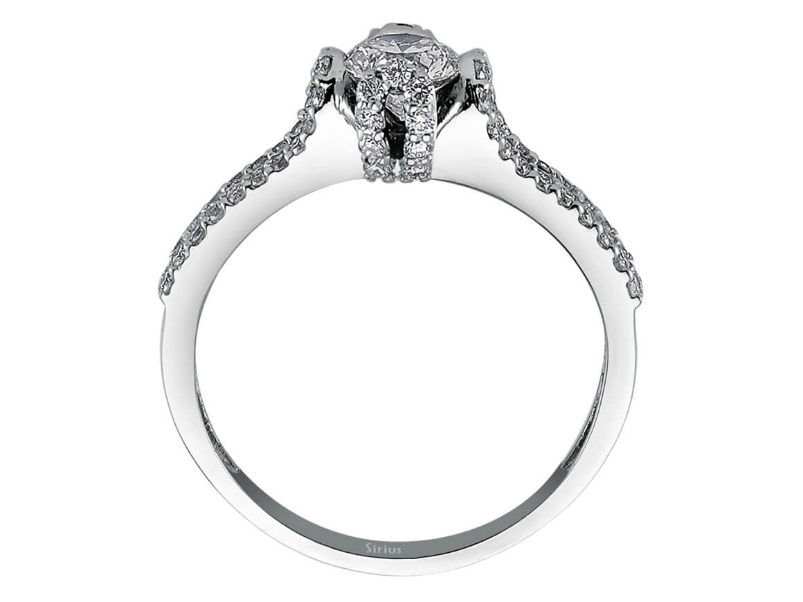 Eleganter Halo-Ring mit 0,46 Karat Hauptdiamant und 62 kleineren Diamanten in 14 Karat Weißgold
