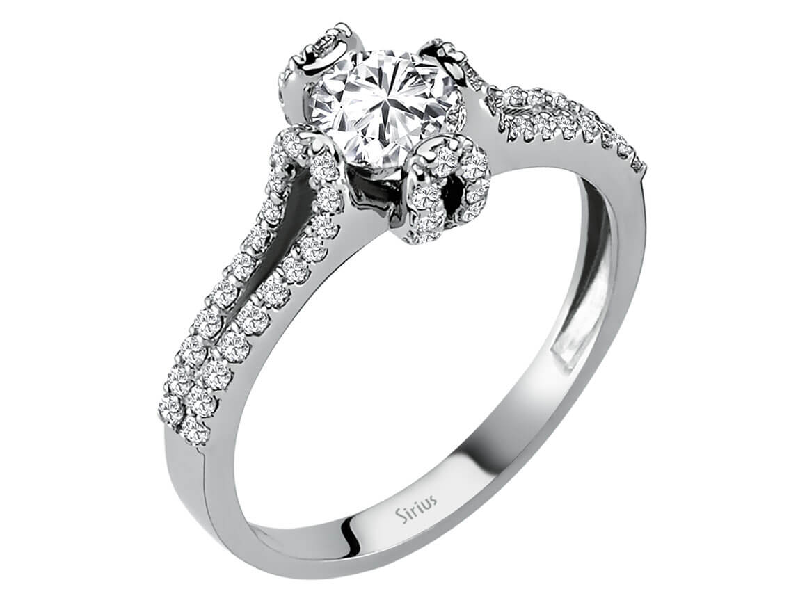 Eleganter Halo-Ring mit 0,46 Karat Hauptdiamant und 62 kleineren Diamanten in 14 Karat Weißgold