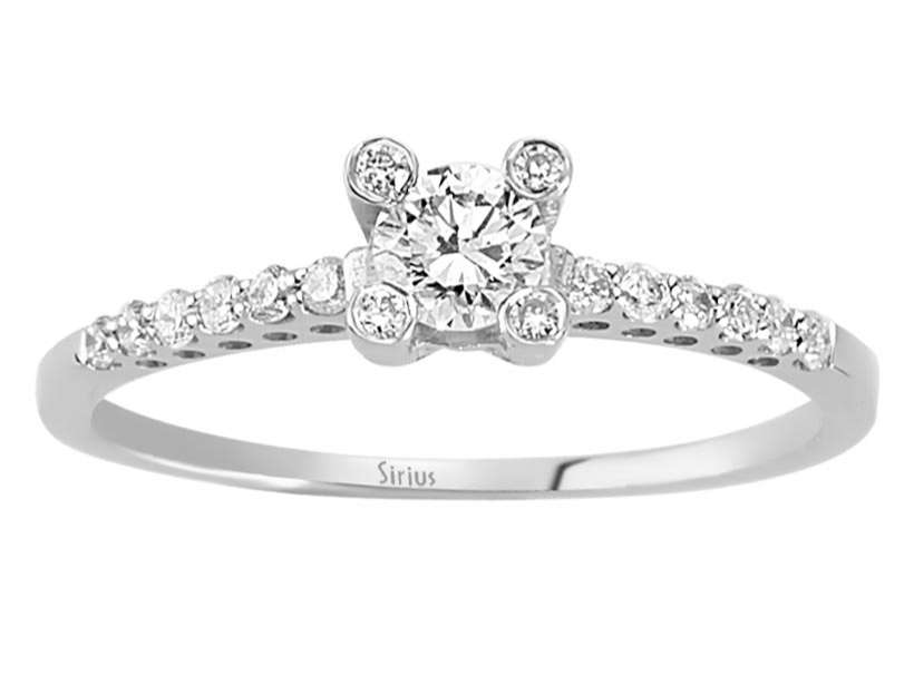 Eleganter Solitärring mit 1 großem und 16 kleinen rund geschliffenen laborgezüchteten Diamanten in 14K Weißgold