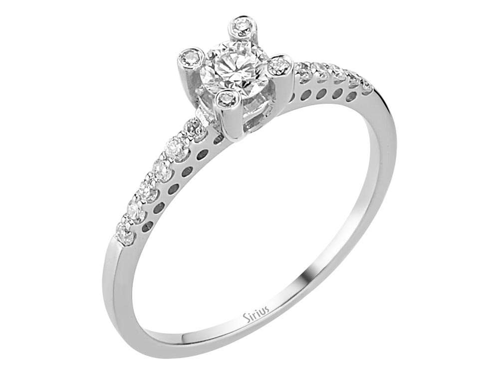 Eleganter Solitärring mit 1 großem und 16 kleinen rund geschliffenen laborgezüchteten Diamanten in 14K Weißgold