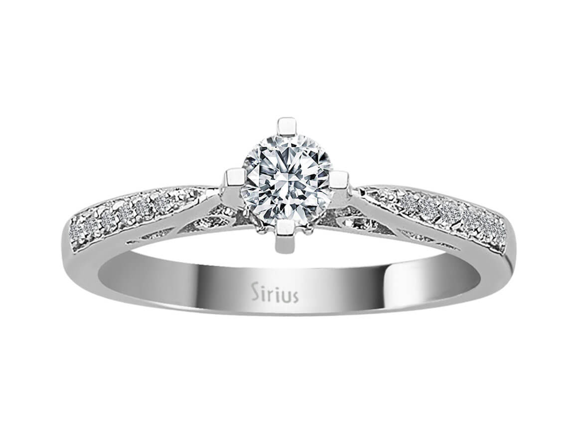 Verzierter Solitärring mit 0,31 ct Mittelstein & 0,11 ct Seitensteinen – 18K Weißgold
