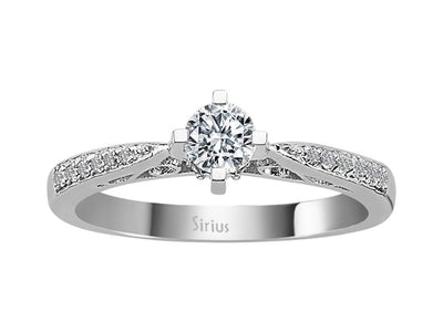 Verzierter Solitärring mit 0,31 ct Mittelstein & 0,11 ct Seitensteinen – 18K Weißgold