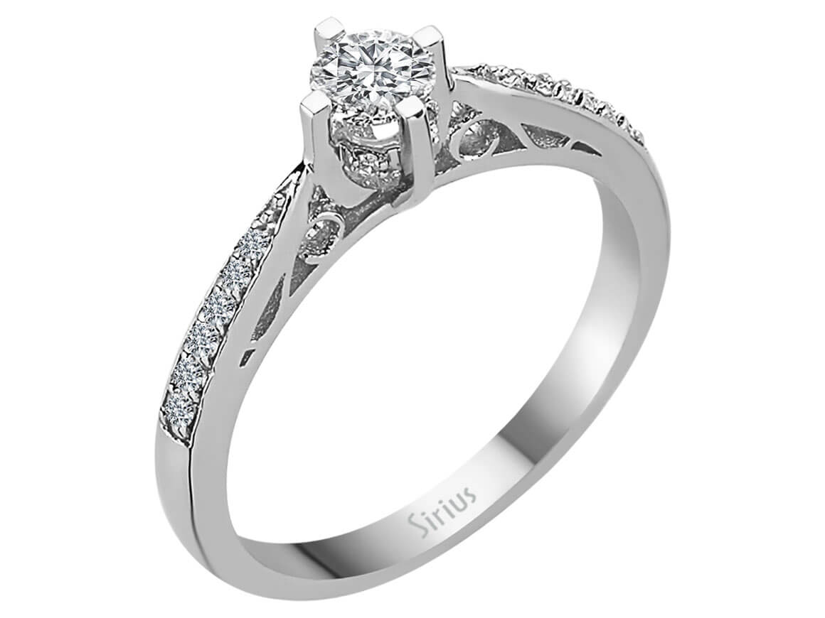 Verzierter Solitärring mit 0,31 ct Mittelstein & 0,11 ct Seitensteinen – 18K Weißgold