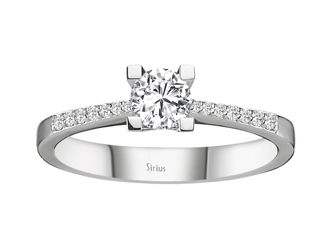 Weißgold Verlobungsring mit 1 laborgezüchtetem Diamant 0,38 Karat und 14 kleinen Diamanten - hochwertiger Schmuck von Rosy Lab Diamonds