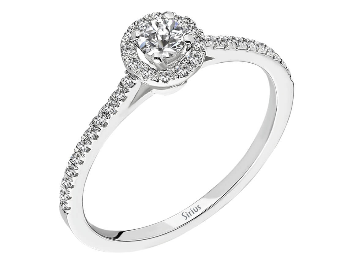 Weißgoldring mit 1 und 34 rundfacettierten Diamanten, 0,11 und 0,14 Karat