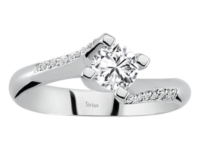 Modern diamond ring with main stone and pavé setting made of 14 karat white gold