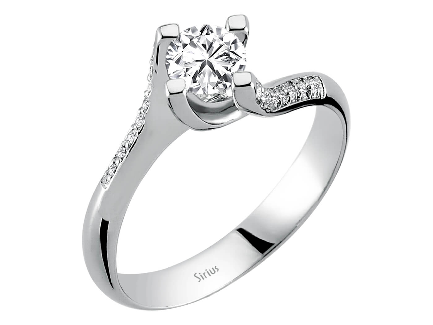 Modern diamond ring with main stone and pavé setting made of 14 karat white gold