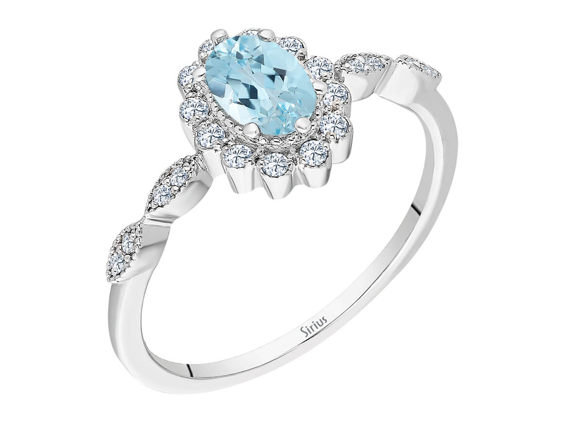 Elegant ring with oval aquamarine & diamonds – 0.45 ct in 14K white gold