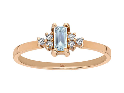 Elegant rose gold ring with baguette aquamarine and 6 diamonds