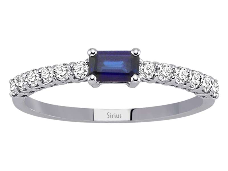 Zarter Ring mit Baguette-Saphir und Diamanten aus 14K Weißgold (0,22 ct Safir)