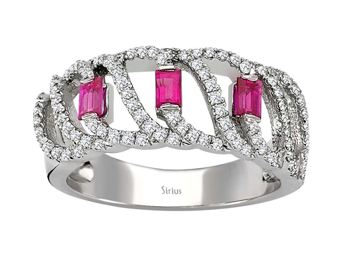 100 yuvarlak pırlanta ve 3 baget Yakut içeren Beyaz Altın yüzük - Sürdürülebilir Mücevher - Rosy Lab Diamonds’tan yüksek kaliteli Mücevher