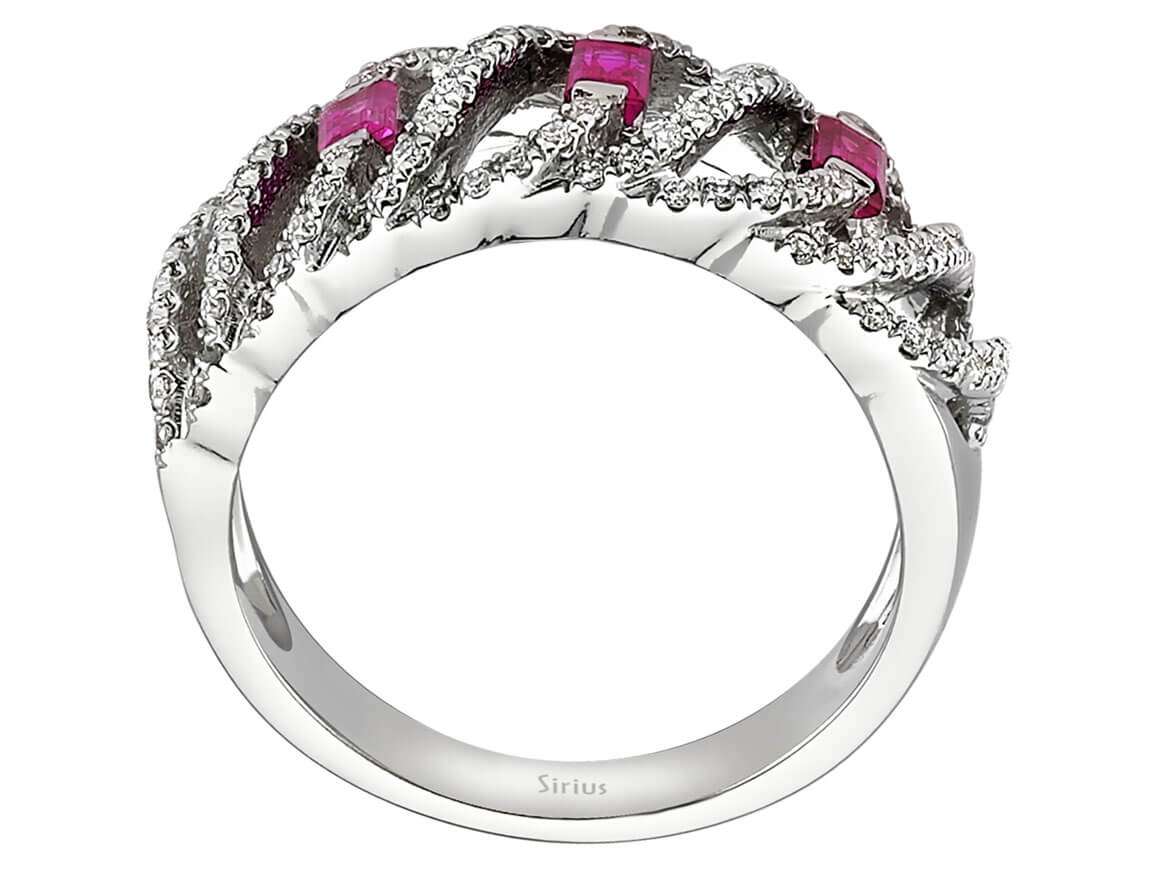 100 yuvarlak pırlanta ve 3 baget Yakut içeren Beyaz Altın yüzük - Sürdürülebilir Mücevher - Rosy Lab Diamonds’tan yüksek kaliteli Mücevher