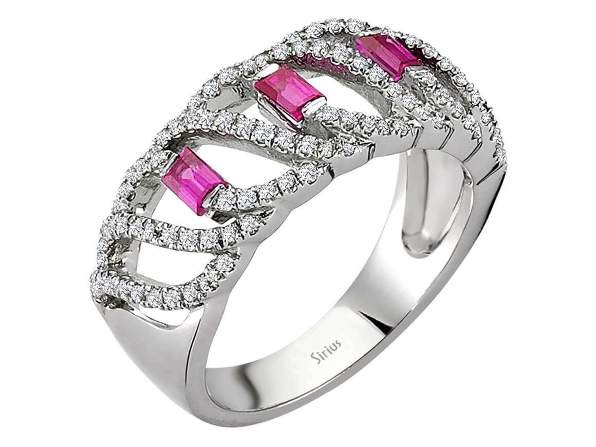 100 yuvarlak pırlanta ve 3 baget Yakut içeren Beyaz Altın yüzük - Sürdürülebilir Mücevher - Rosy Lab Diamonds’tan yüksek kaliteli Mücevher
