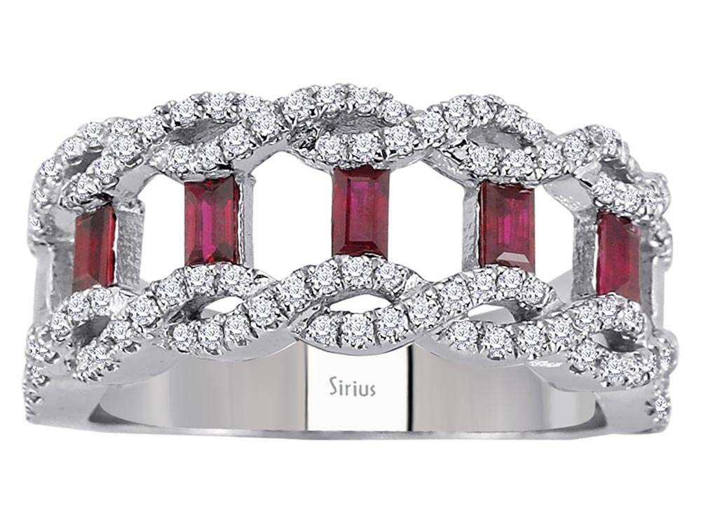 Design-Ring mit 5 Baget-Rubinen & 108 Labordiamanten in 14K Weißgold – Modell 04R0340