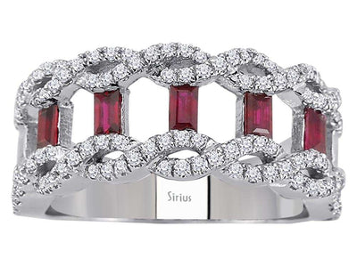 Design-Ring mit 5 Baget-Rubinen & 108 Labordiamanten in 14K Weißgold – Modell 04R0340
