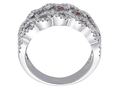Design-Ring mit 5 Baget-Rubinen & 108 Labordiamanten in 14K Weißgold – Modell 04R0340