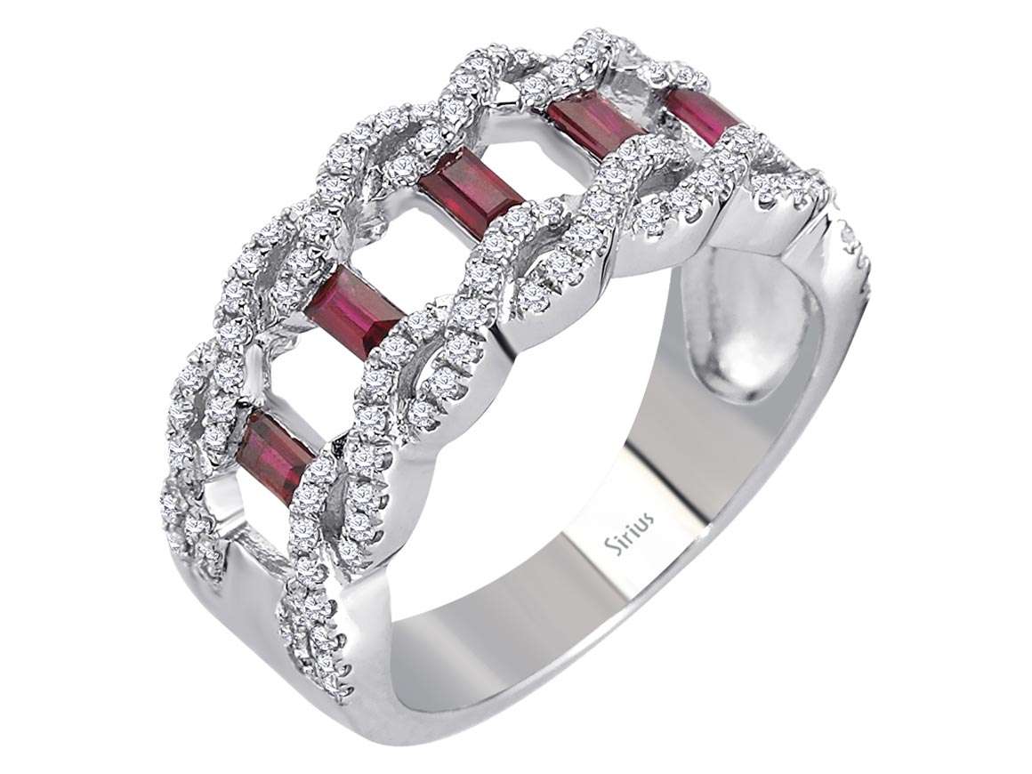 Design-Ring mit 5 Baget-Rubinen & 108 Labordiamanten in 14K Weißgold – Modell 04R0340