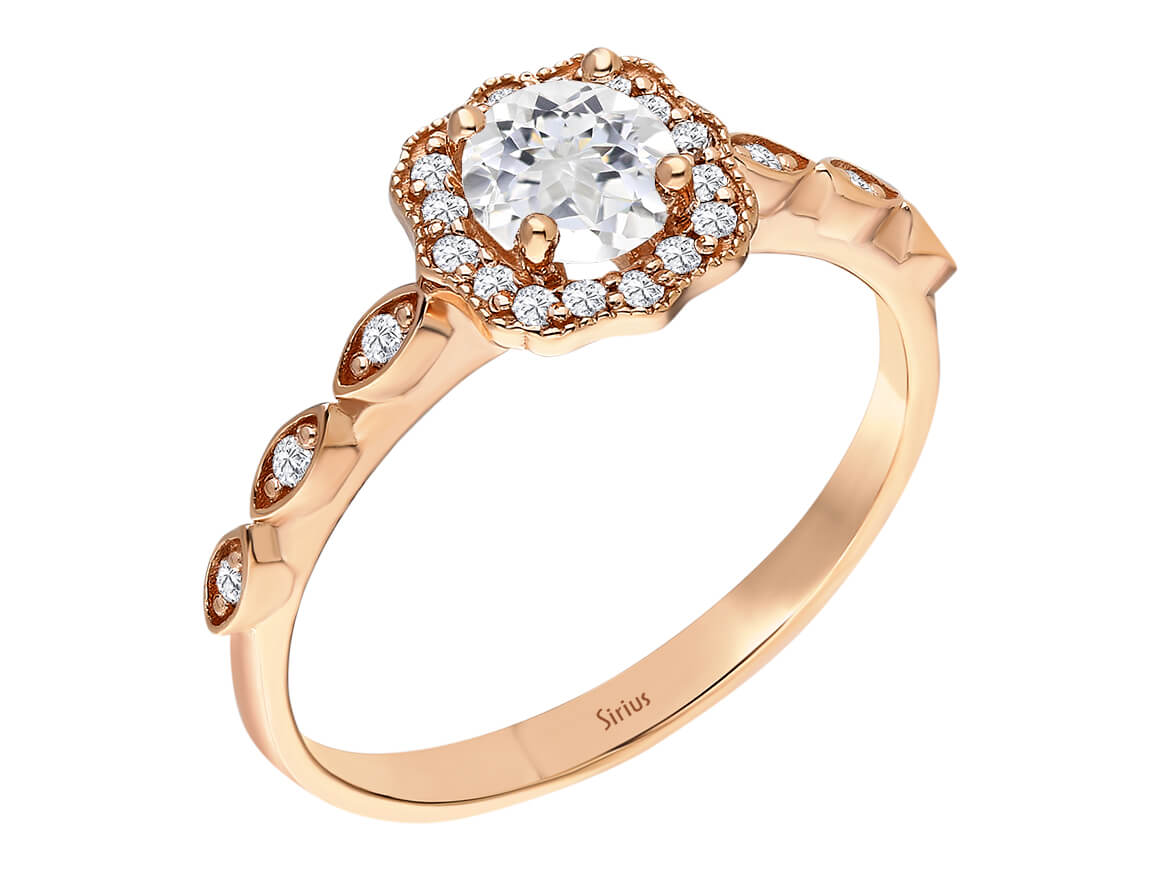 Roségold-Ring mit Weißsaphir und 22 Diamanten im Vintage-Stil