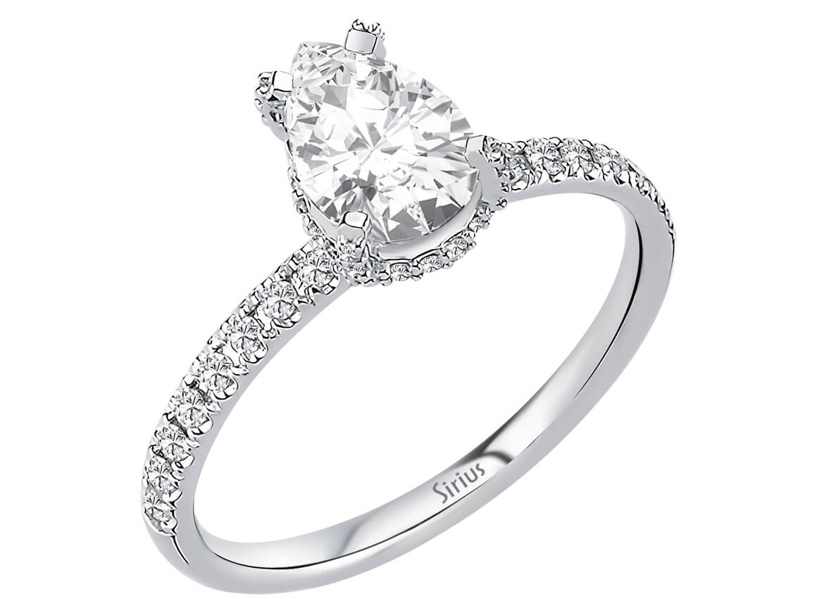 Gala ring made of 14K white gold with pear-shaped white sapphire and diamonds