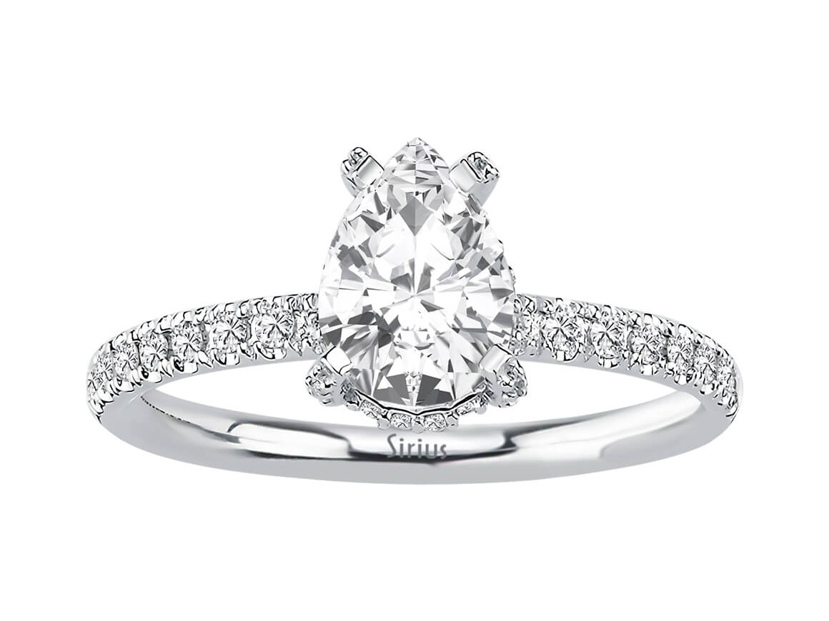 Gala ring made of 14K white gold with pear-shaped white sapphire and diamonds