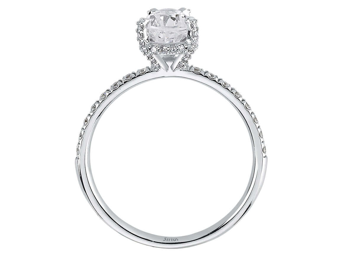 Gala ring made of 14K white gold with pear-shaped white sapphire and diamonds