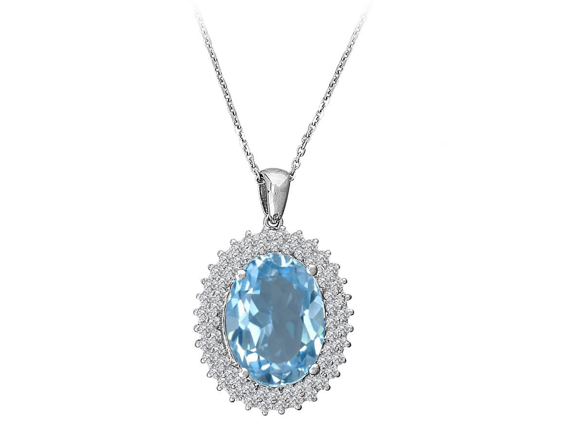 Elegant necklace with large oval blue topaz (8.49 ct) and 64 lab diamonds in 14K white gold