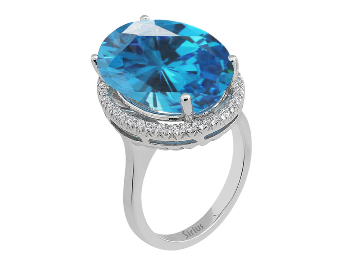 Eleganter Ring mit 37 laborgezüchteten Diamanten und großem ovalem Blautopas - 14 Karat Gold - hochwertiger Schmuck von Rosy Lab Diamonds