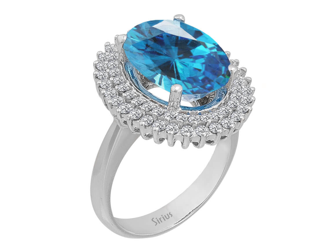 Eleganter Ring mit 64 laborgezüchteten Diamanten und großem ovalem Blautopas - 14 Karat Gold - hochwertiger Schmuck von Rosy Lab Diamonds