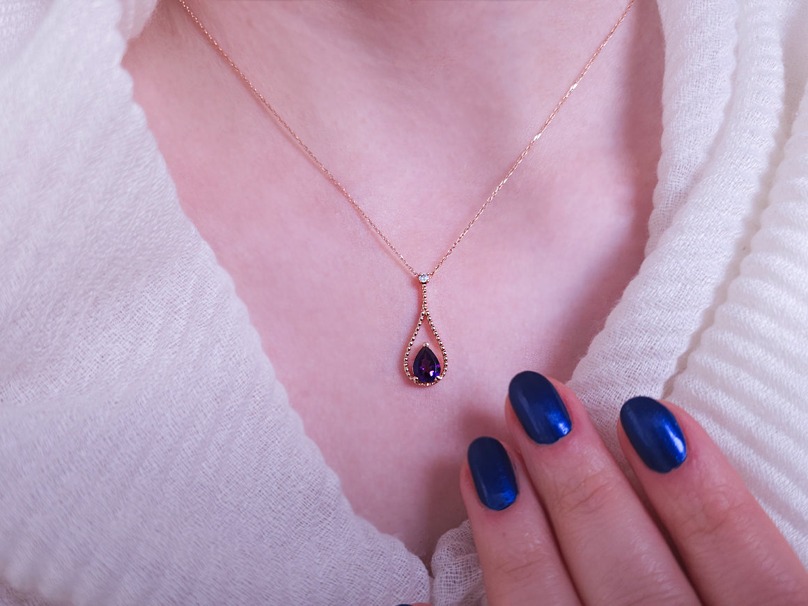 Amethyst-Tropfen-Halskette mit Diamant - 0,88 ct - 8K Roségold - hochwertiger Schmuck von Rosy Lab Diamonds